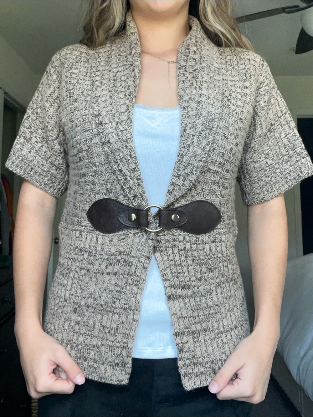 Karen Scott Short Sleeve Taupe Knit Cardigan with Belt